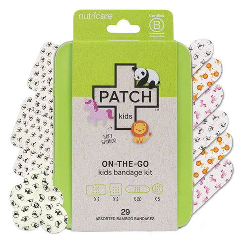 Patch Kids On-The-Go Natural Bamboo Adhesive Bandage Kit for Sensitive Skin, Eco-Friendly Hypoallergenic Bandages for Sensitive Skin. Non Toxic Bandages for Boys & Girls with Cute Prints, 29 ct Small